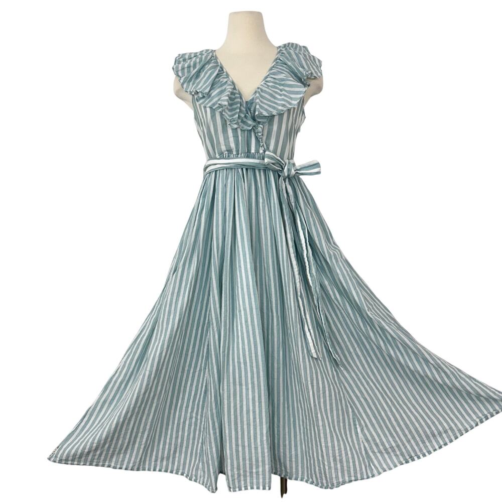 Pink City Prints Striped Midi Dress Light Blue/White Ruffle Neckline M Cotton